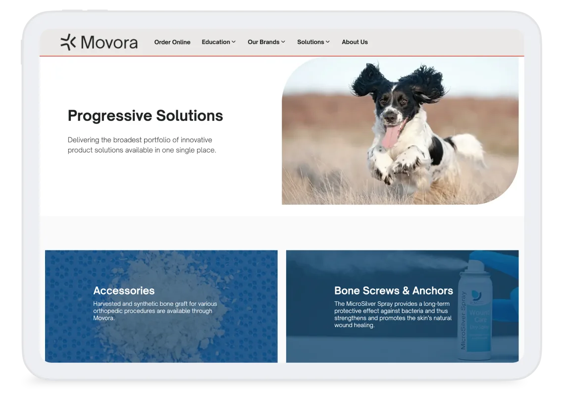 Movora website page with a running black and white dog, product categories, and blue and white color accents.