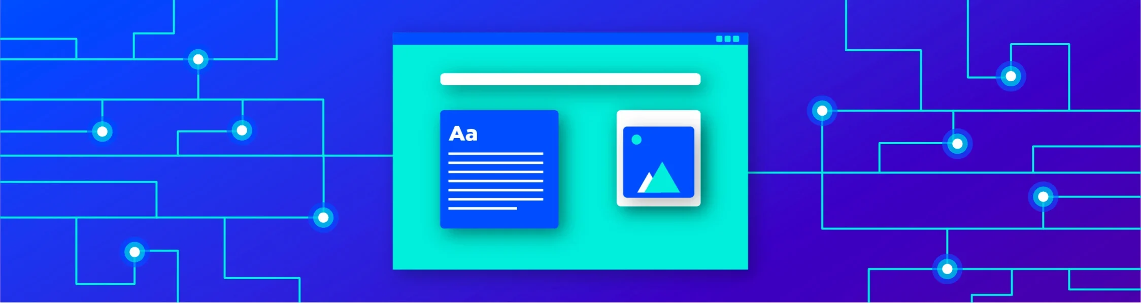 Illustration of a web page with text and image icons on a blue digital network background with glowing nodes and lines.