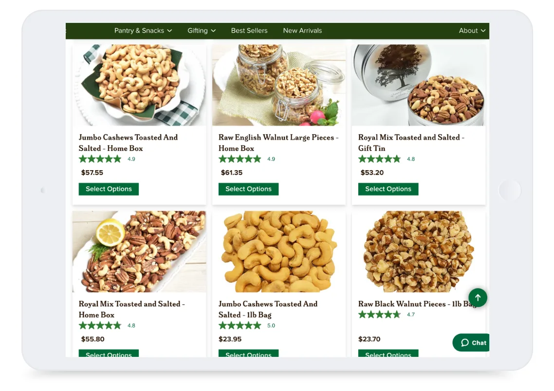 Tablet screen showing an online shop with various nut products, prices, ratings, and green select options buttons.