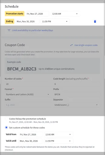 Promotion schedule settings showing start date Nov 27, 2025 at 12:00 AM and end date Nov 30, 2025 at 11:59 PM with coupon code configuration options below.