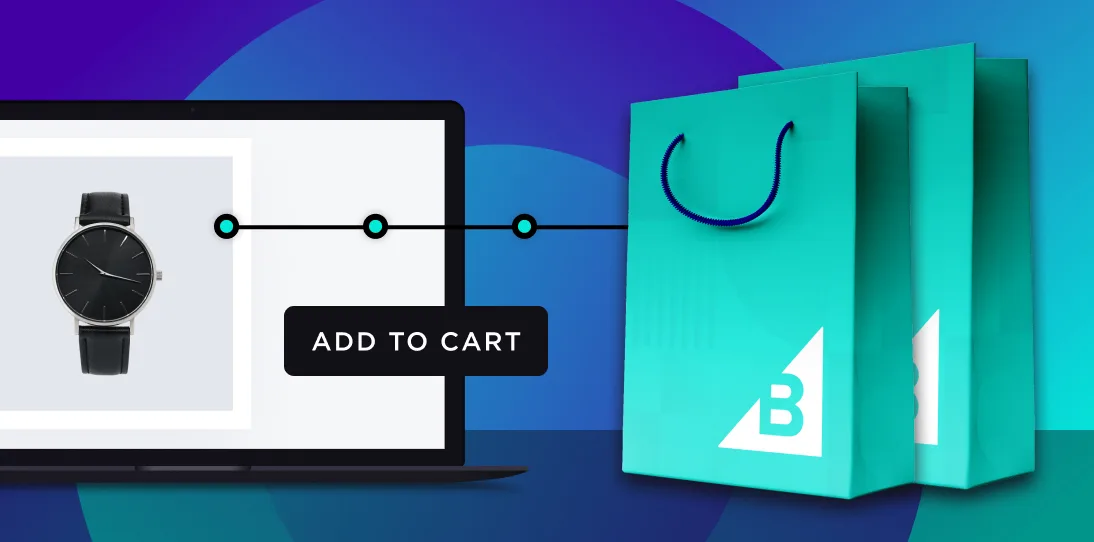 Aqua shopping bags with BigCommerce logo pointing to a laptop screen showing a black wristwatch.
