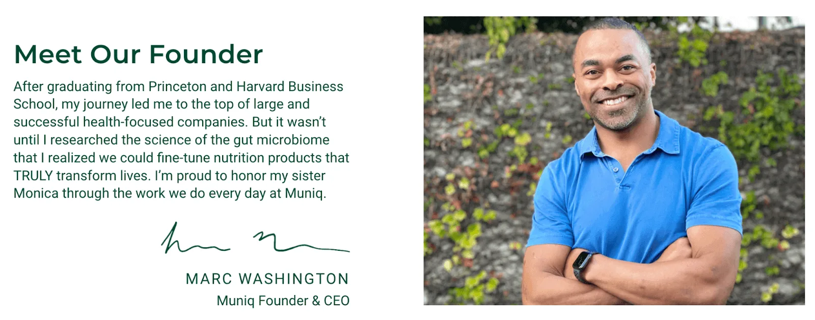 Smiling man in a blue shirt stands outdoors with arms crossed next to text introducing him as the founder of Muniq.