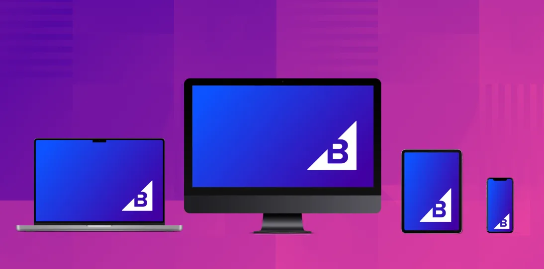 Laptop, desktop, tablet, and smartphone with blue screens and a white "B" logo on a pink and purple gradient background.