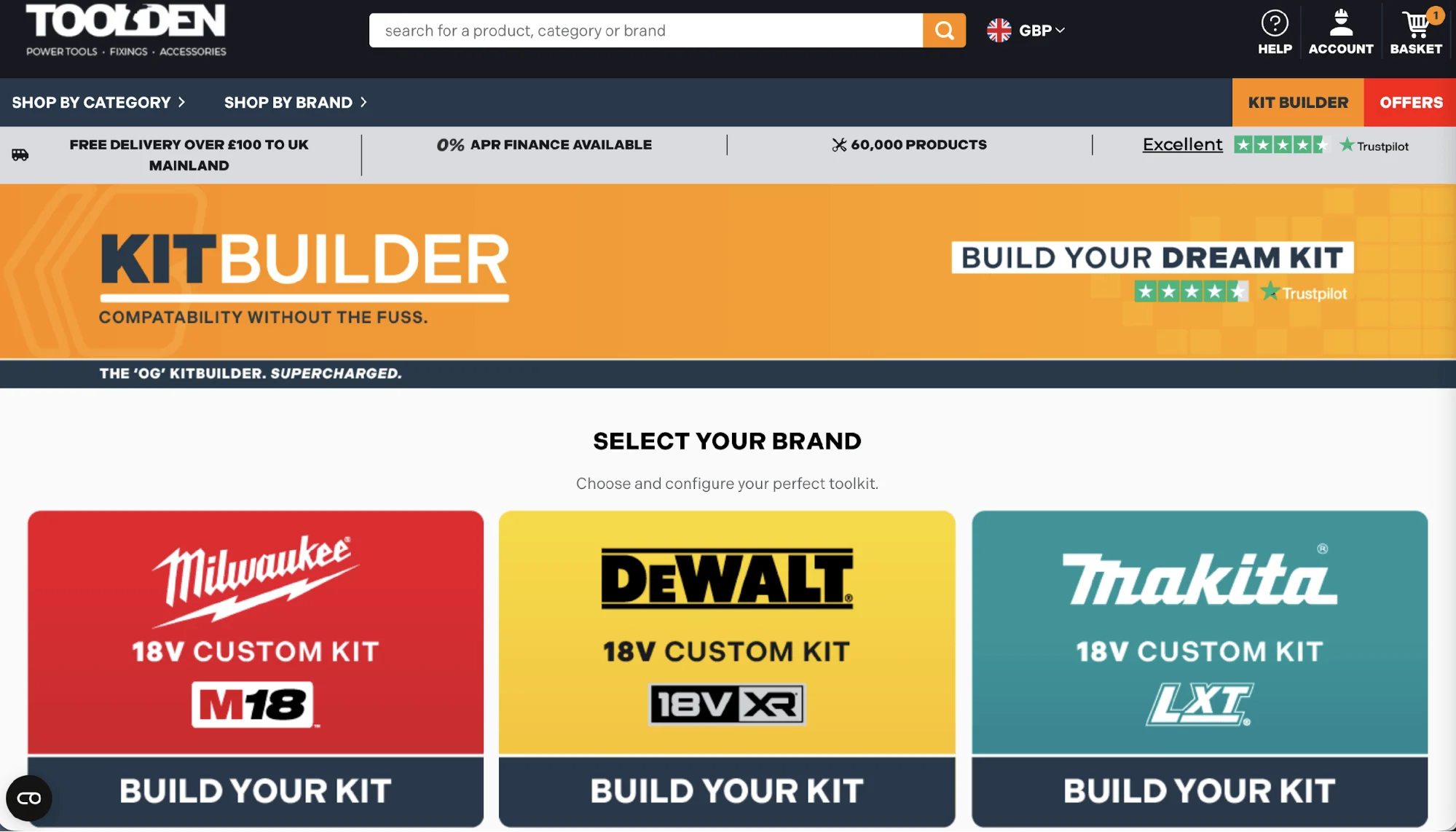 Toolden Kit Builder landing page allowing users to select and configure 18V custom power tool kits from Milwaukee, DeWalt, and Makita.