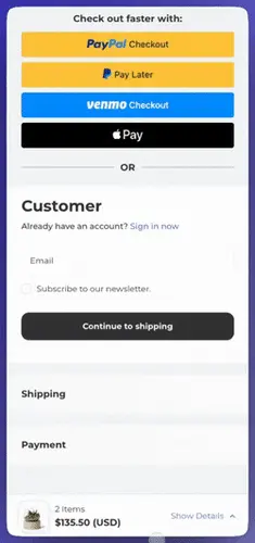 Mobile checkout experience, showing order summary slider.