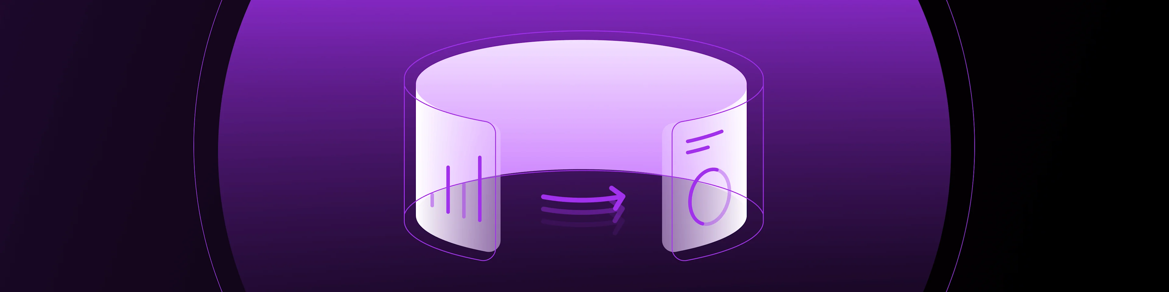 Purple and white illustration of a cylindrical data repository with a curving arrow indicating data migration.