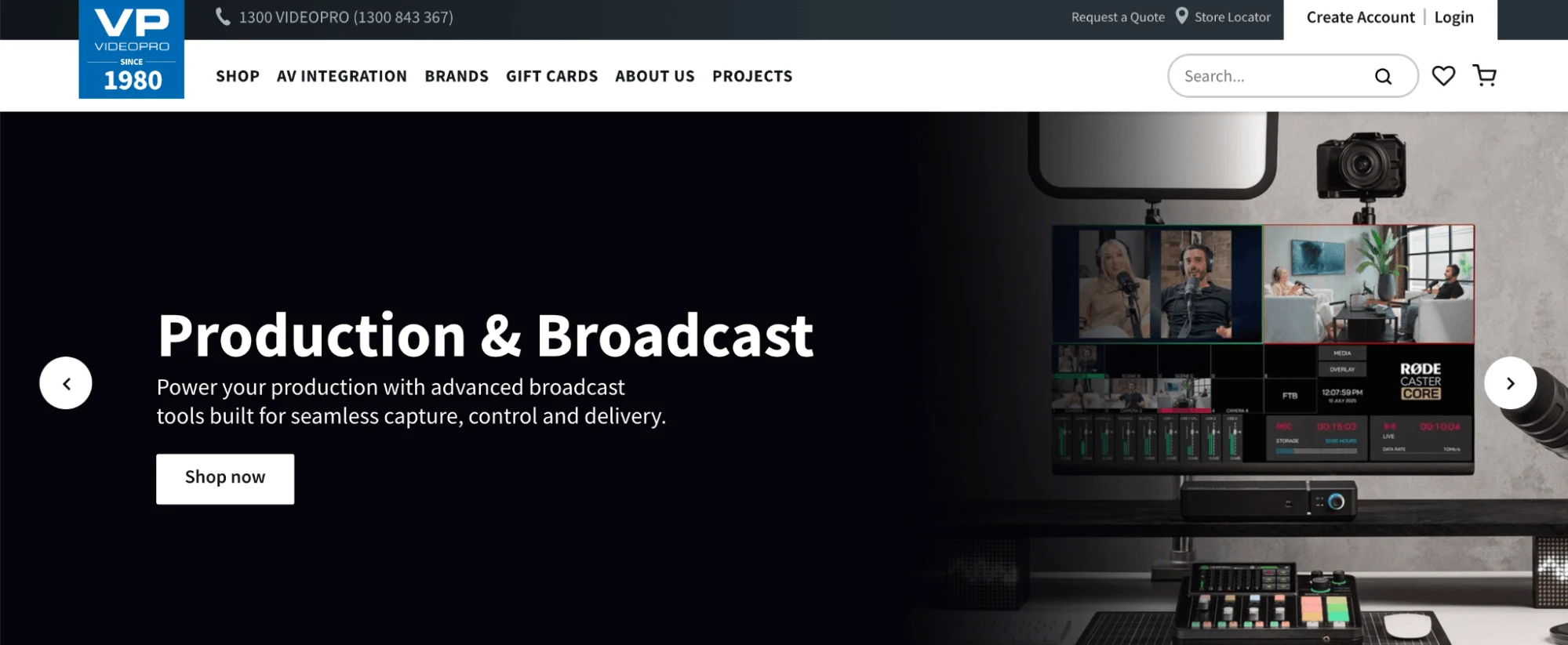 Videopro homepage hero for Production & Broadcast tools with a "Shop now" button and video equipment.