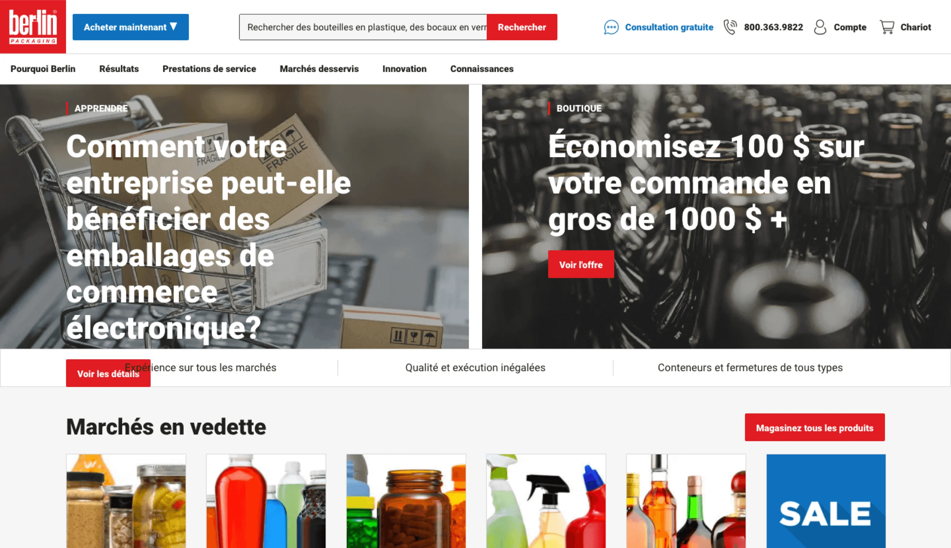 Berlin Packaging French homepage promoting two articles: one about ecommerce packaging benefits with a shopping cart, and one about saving $100 on wholesale orders over bottles.