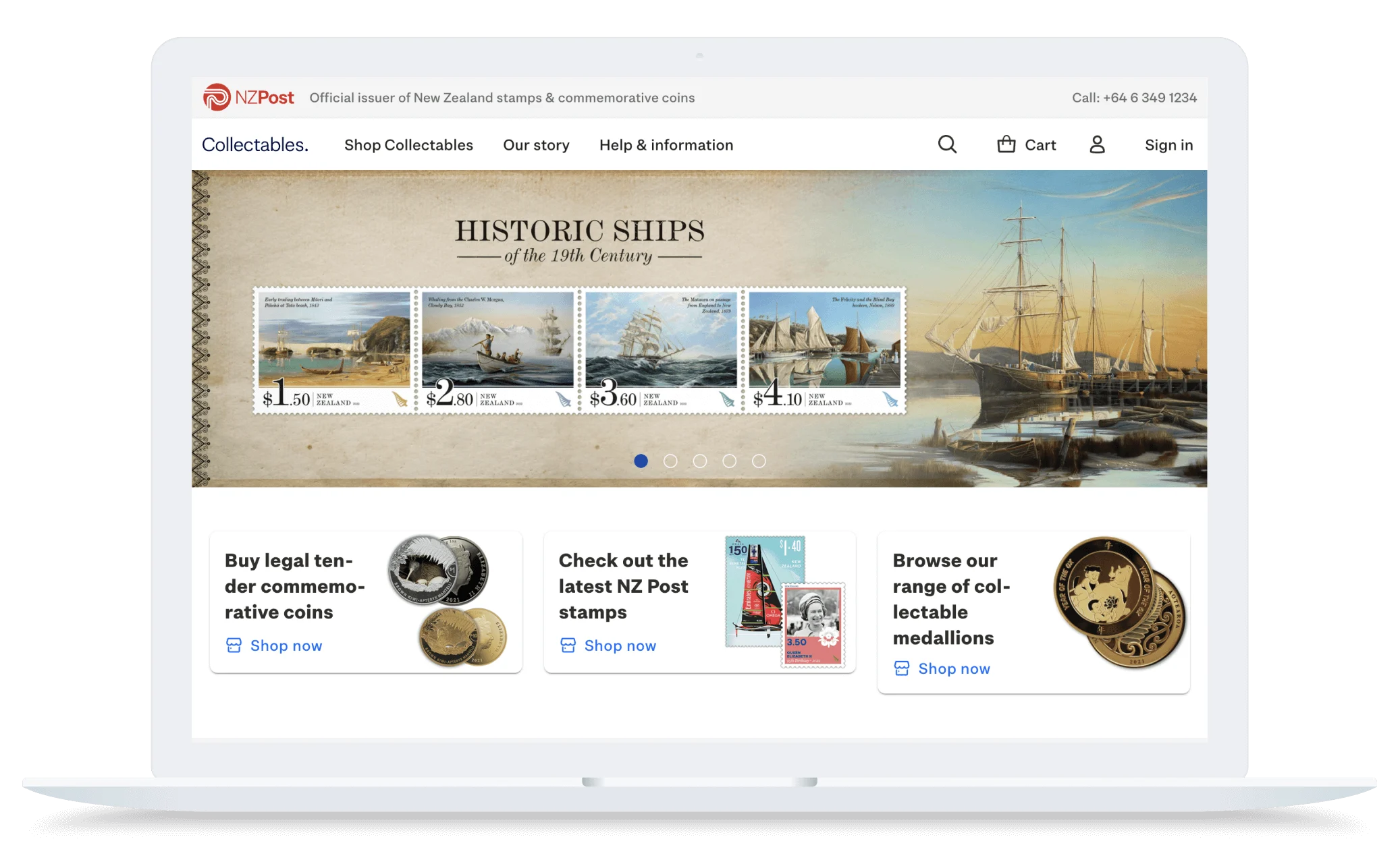 Laptop screen showing NZ Post Collectables website with historic ship stamps, coins, and collectible medallions for sale.