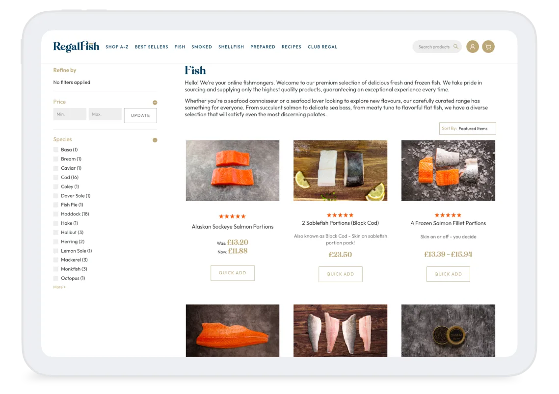 Regal Fish ecommerce website displaying fish listings on an iPad tablet.