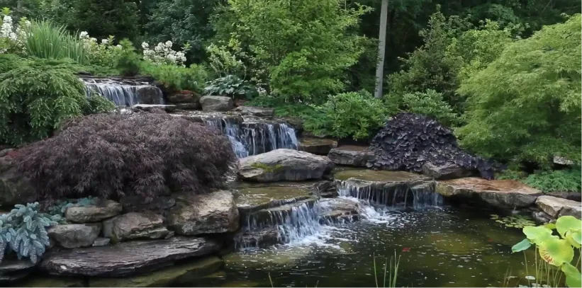 Tiered waterfall flowing over natural stone rocks into a pond, surrounded by lush green trees and ornamental plants.