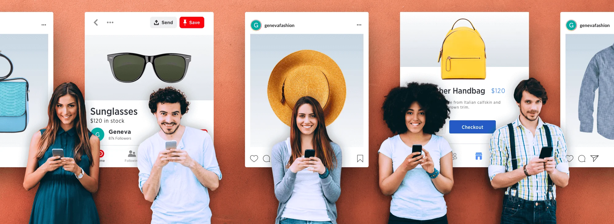 Five people stand against an orange wall, each using a phone, with fashion shopping posts displayed behind them.