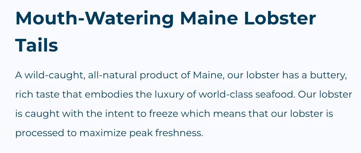 Text banner for wild-caught Maine Lobster Tails highlighting peak freshness and rich, buttery seafood taste.