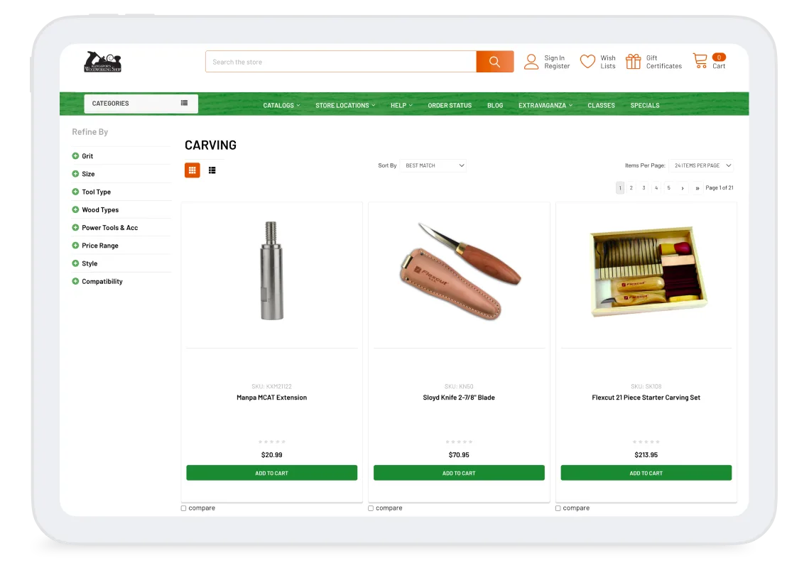 Online store page displaying carving tools including a metal extension, knife with leather sheath, and starter carving set.