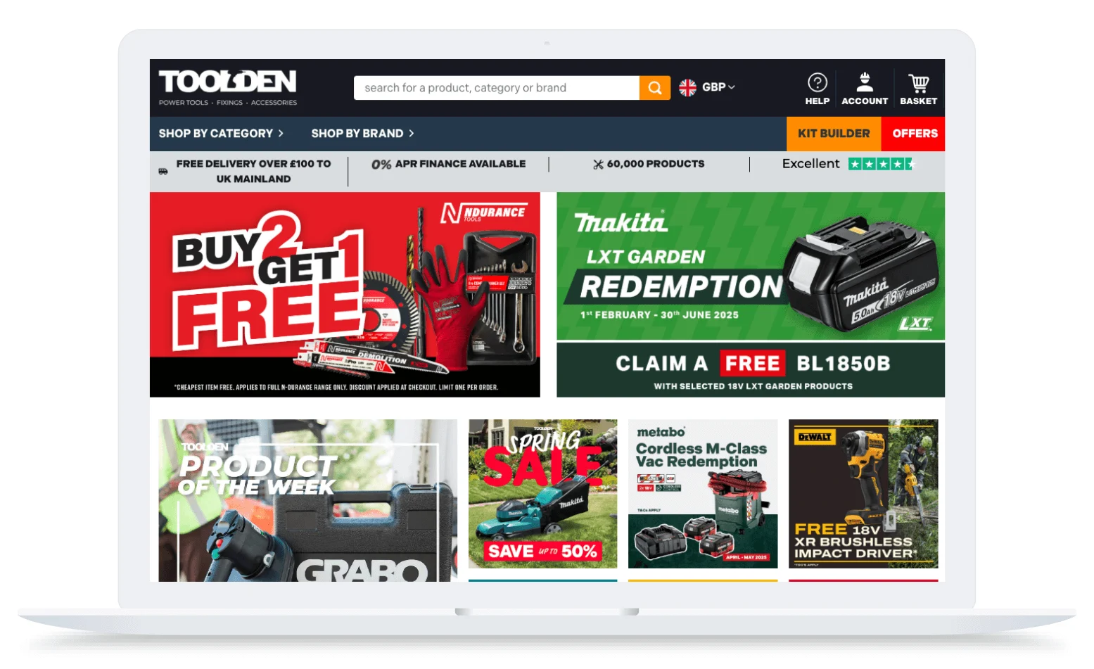 Laptop screen showing Toolden website with tool offers, product ads, and green, red, and yellow promotional banners.
