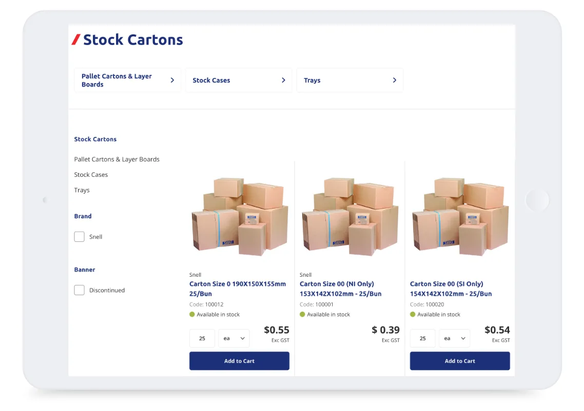 Tablet screen showing an online store page with images of brown cardboard cartons, prices, and add to cart buttons.