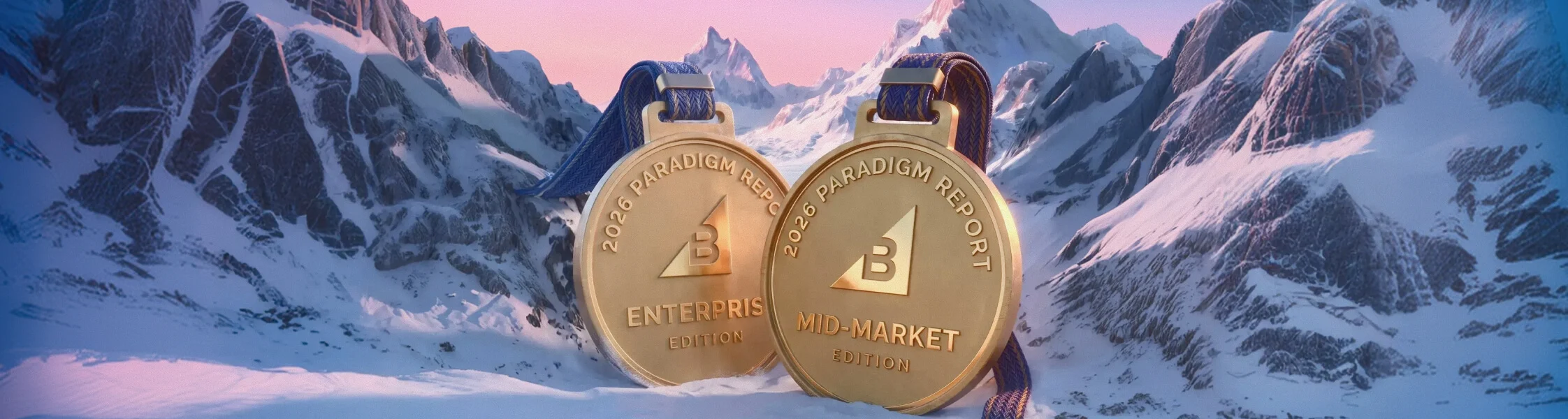 Two gold medals labeled "2026 Paradigm Report Enterprise Edition" and "Mid-Market Edition" against snowy mountain backdrop.