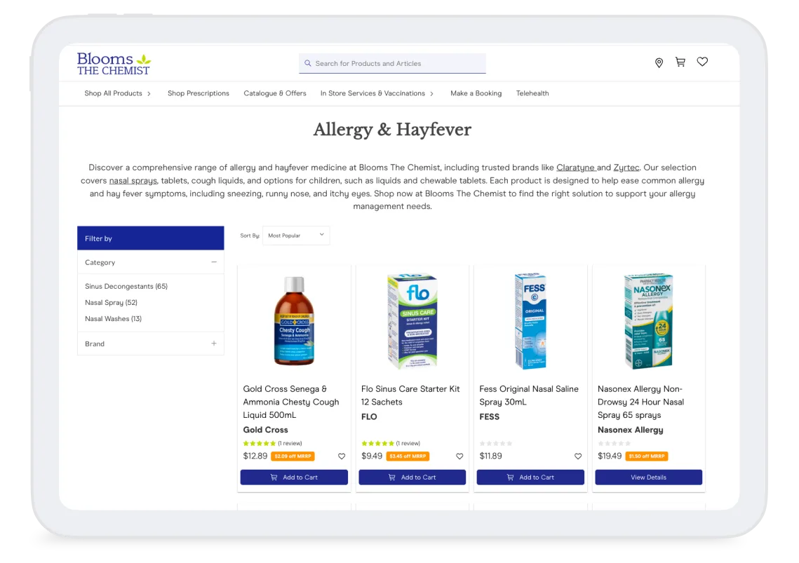 Blooms The Chemist allergy and hayfever product page showing nasal sprays and sinus care items with prices and add to cart buttons.