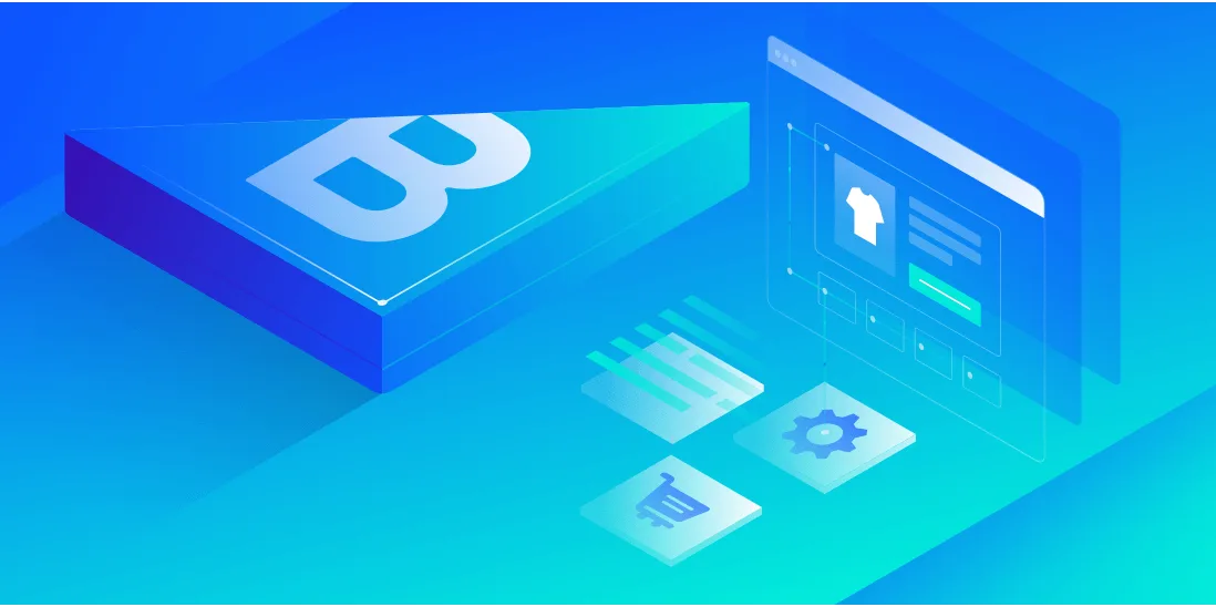 Ilustración digital azul que muestra un bloque 3D con la letra "B", iconos de comercio electrónico y una interfaz de tienda en línea con la imagen de una camisa.