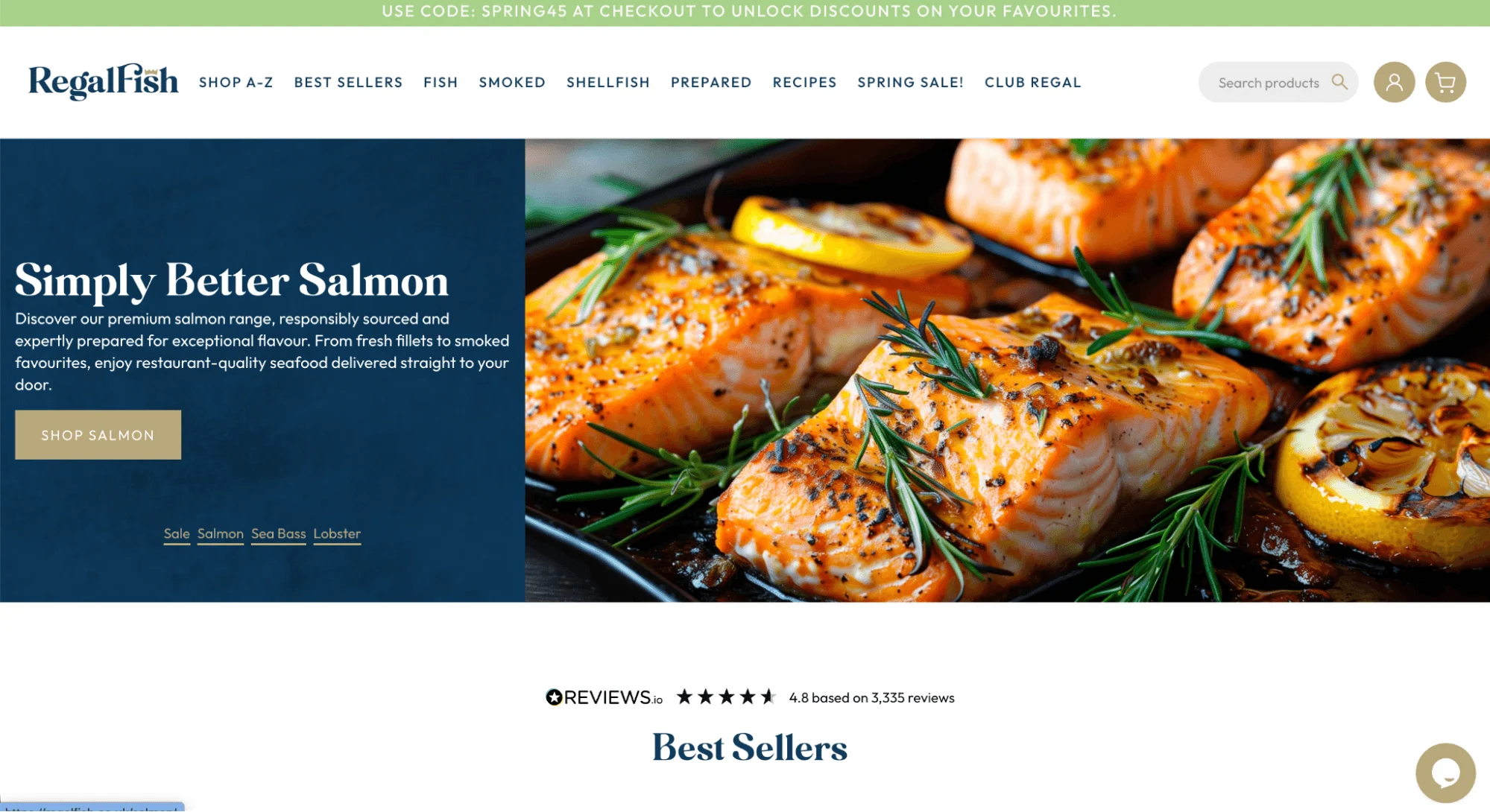 Regal Fish homepage featuring "Simply Better Salmon" text and cooked salmon fillets with rosemary.