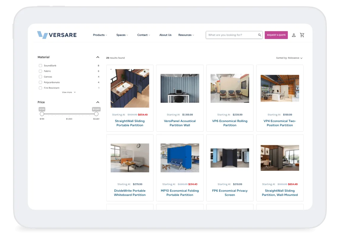Product catalog page showing eight office partition options with images, prices, and filtering options on the left sidebar.