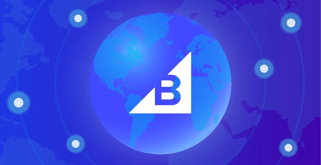 White triangular logo with letter B on blue gradient background featuring a translucent globe and circular icons.