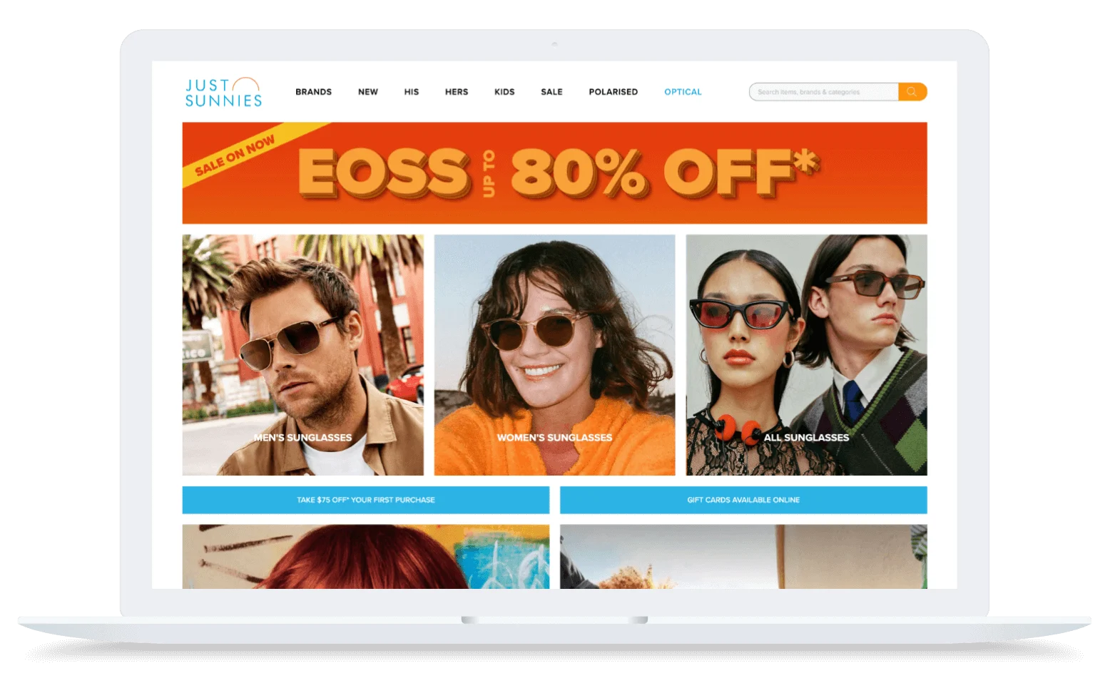 Laptop screen displaying the Just Sunnies website with a banner advertising the EOSS Up To 80% Off sale and categorized photos of models wearing sunglasses.