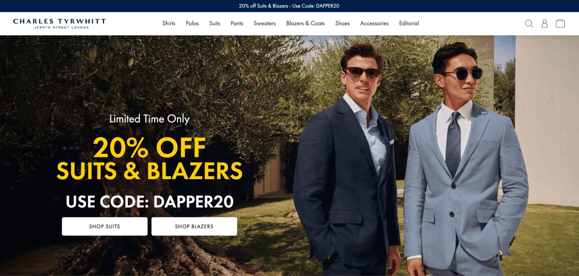 Charles Tyrwhitt banner featuring two men in suits and sunglasses with the promotional text: Limited Time Only, 20% Off Suits & Blazers, Use Code: DAPPER20.