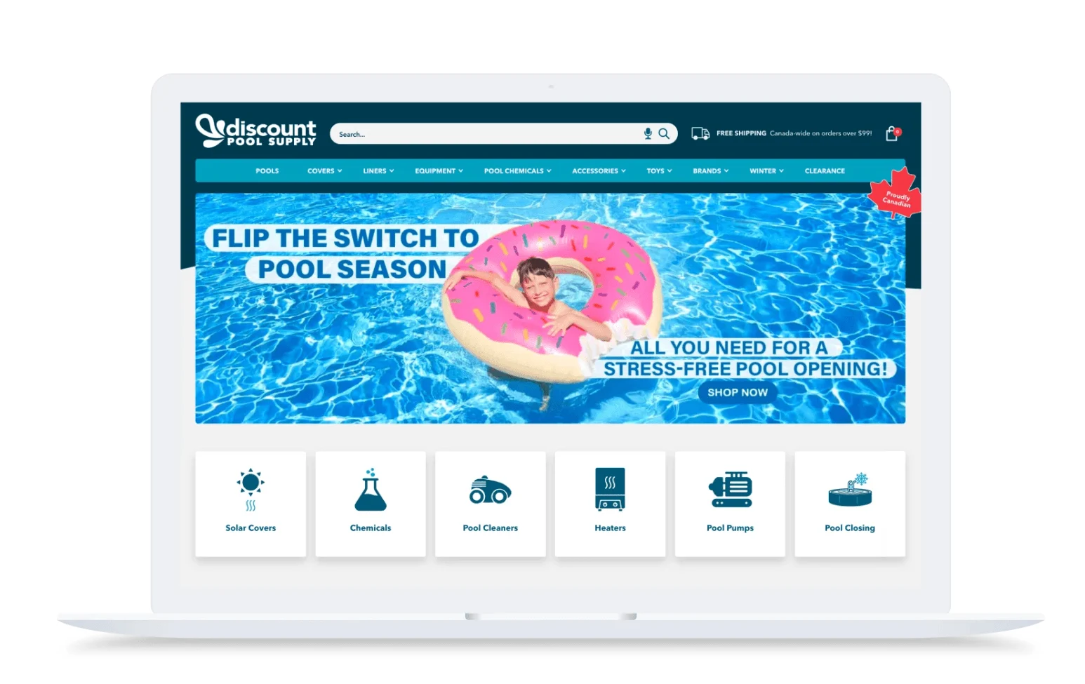 Discount Pool Supply ecommerce website featuring pool opening supplies, free shipping offers, and categories for pumps, heaters, and pool closing services.