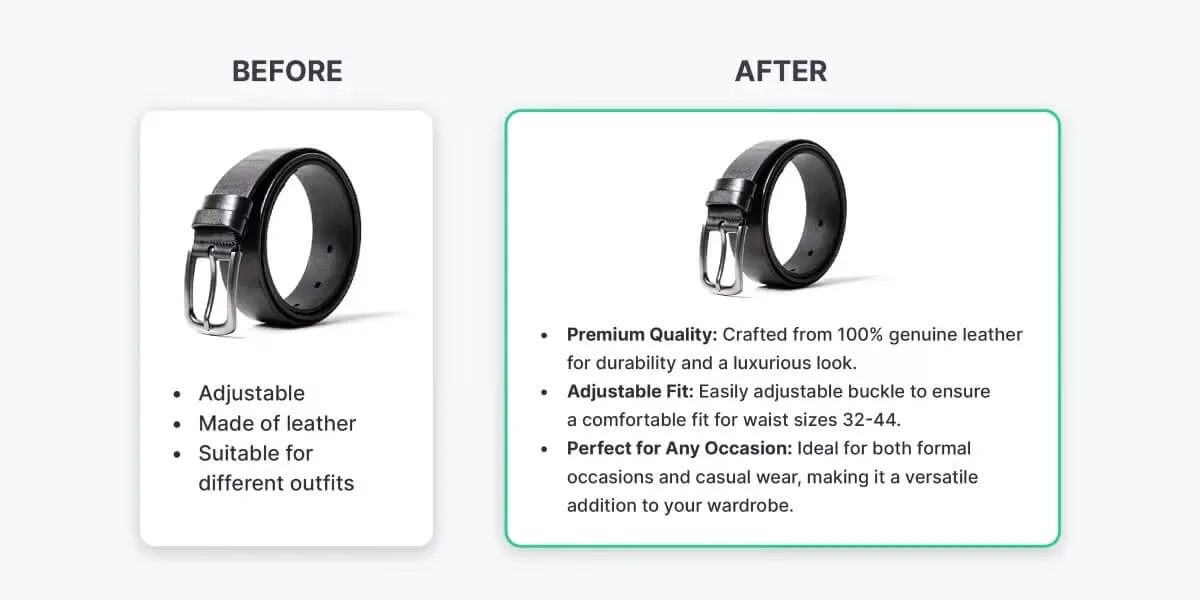 Ecommerce product description optimisation example for a leather belt, demonstrating the shift from basic features to persuasive marketplace copywriting.