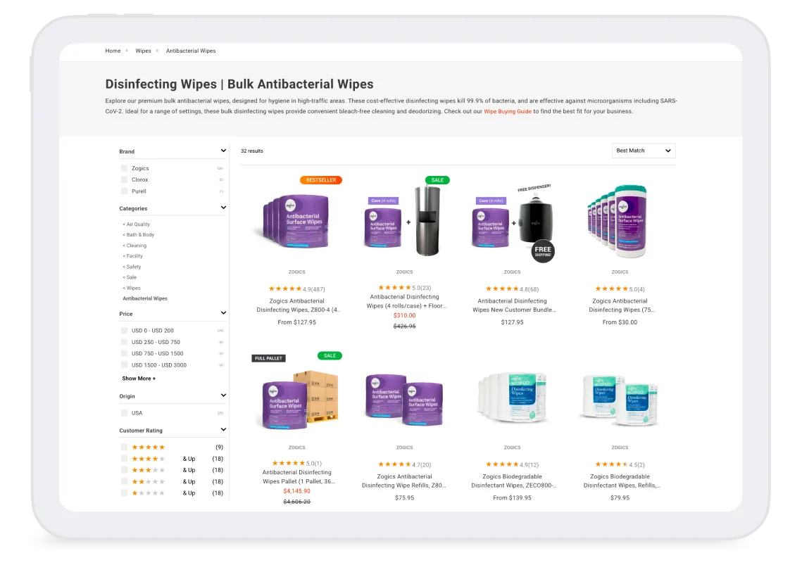 Zogics bulk antibacterial wipes category page shown on a tablet, displaying product filters, pricing, ratings, and multiple disinfecting wipe options.