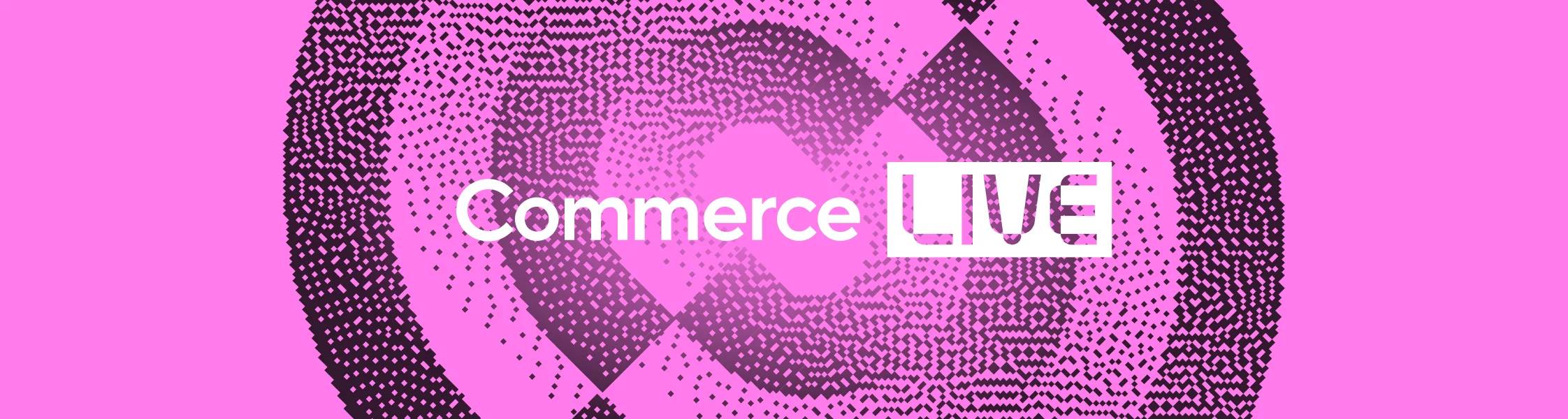 Commerce LIVE logo centered on a vibrant pink and purple concentric circular halftone pattern.