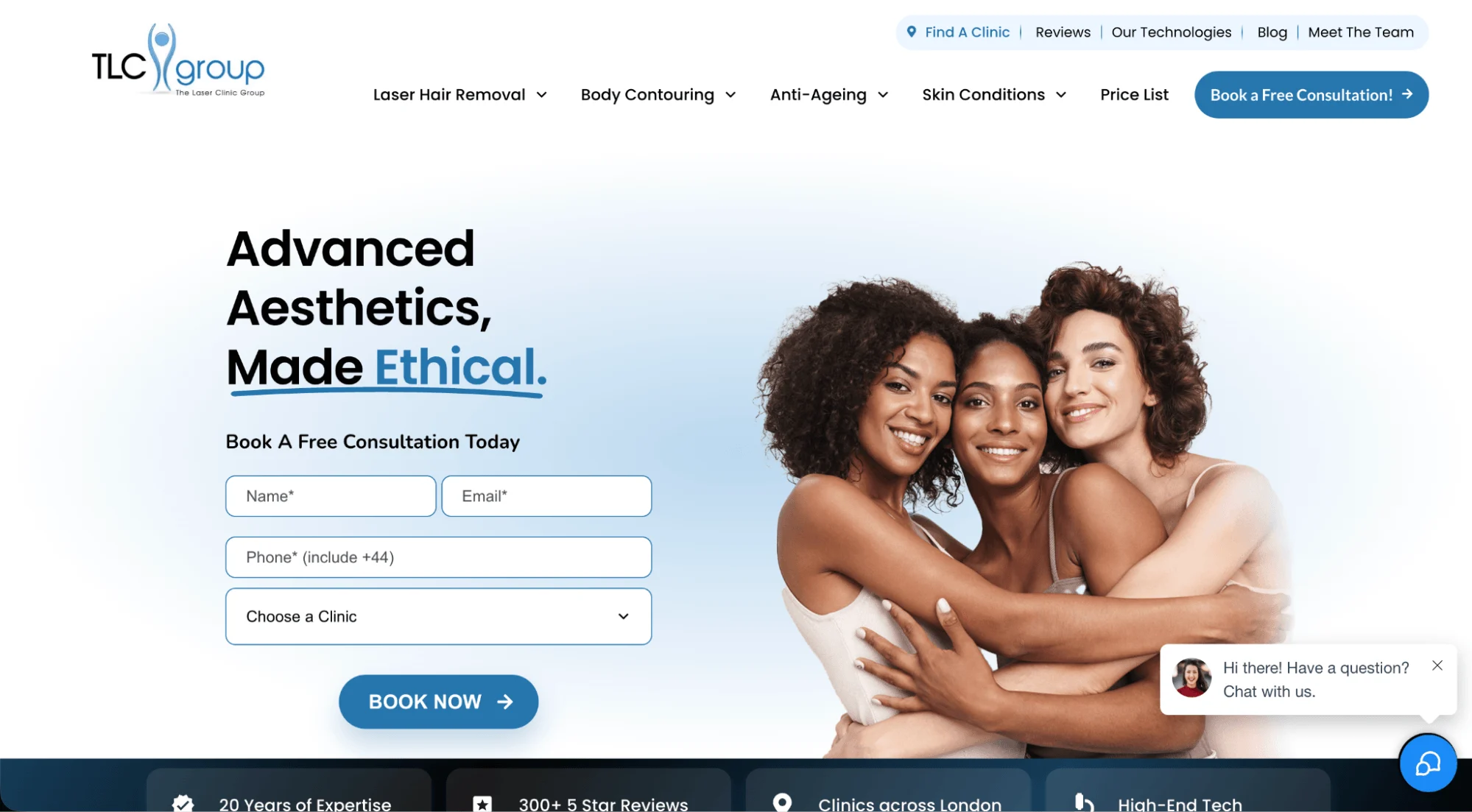 TLC Group homepage: Advanced Aesthetics, Made Ethical headline with a free consultation booking form.