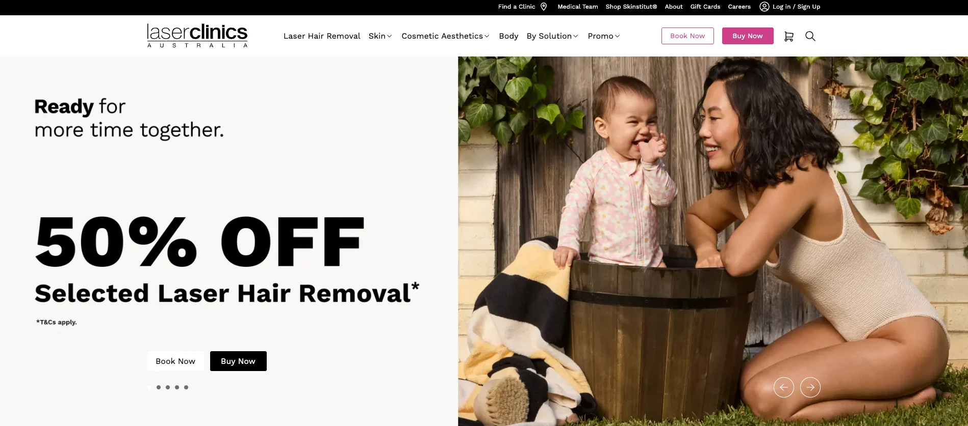 Laser Clinics website banner: woman smiles at baby in a wooden tub outdoors; text reads “50% OFF Selected Laser Hair Removal.”