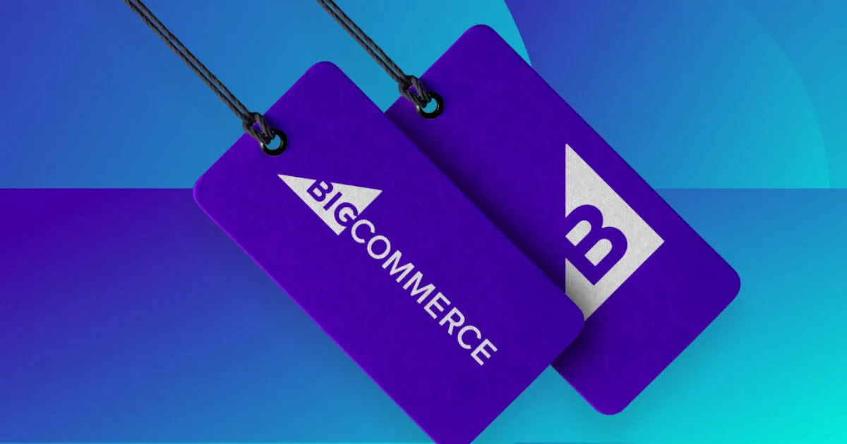 Two purple BigCommerce brand hang tags with black strings against a blue and teal gradient background.