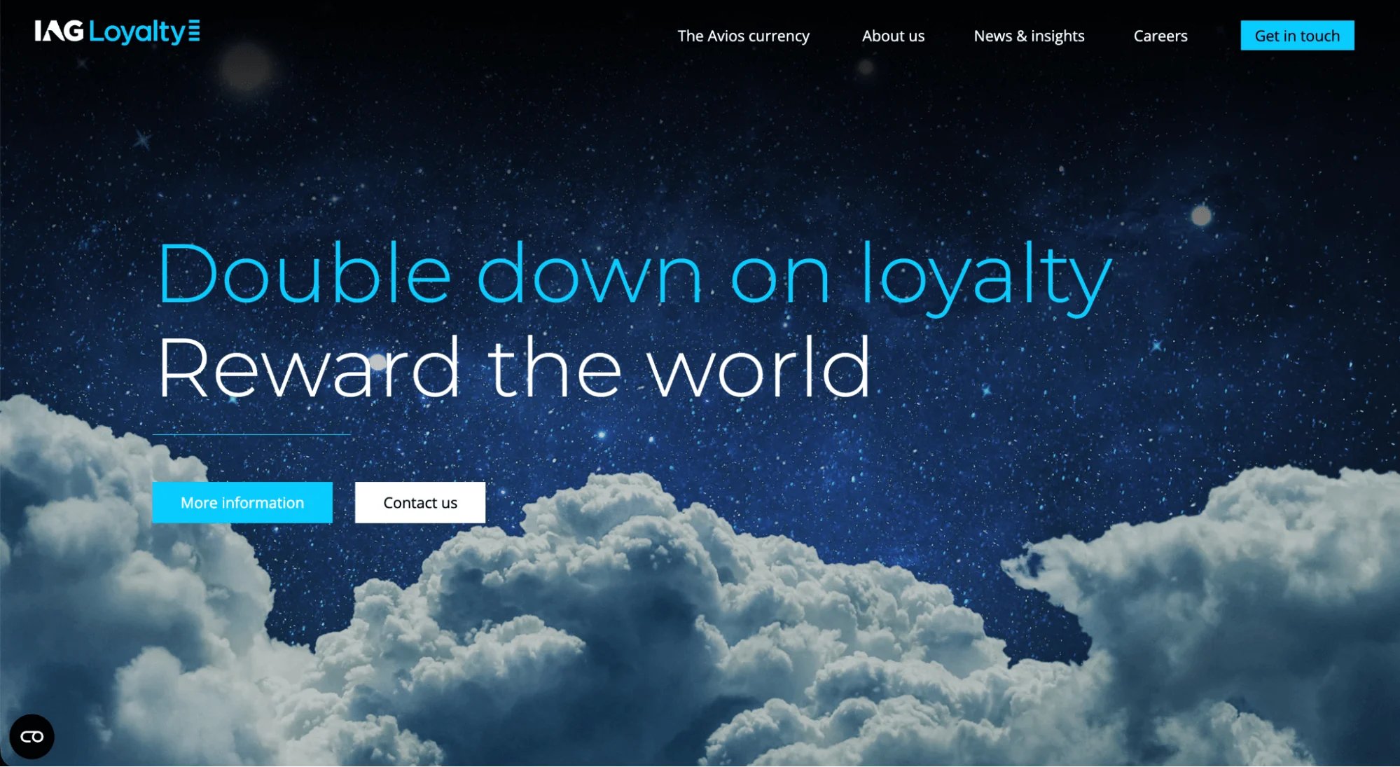 Starry sky background for IAG Loyalty hero section with More information and Contact us call-to-actions.