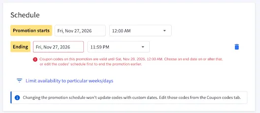 Promotion schedule interface showing start and end date fields set to November 27, 2026, with time selectors and a blue information icon below.