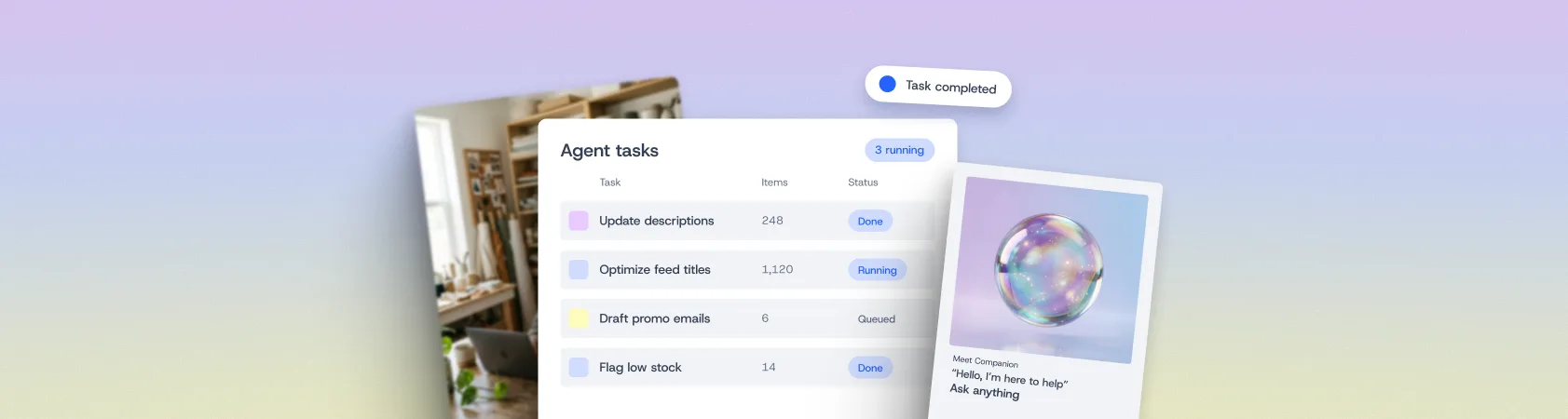Task management interface showing agent tasks with status indicators, alongside a chat card featuring a holographic bubble.