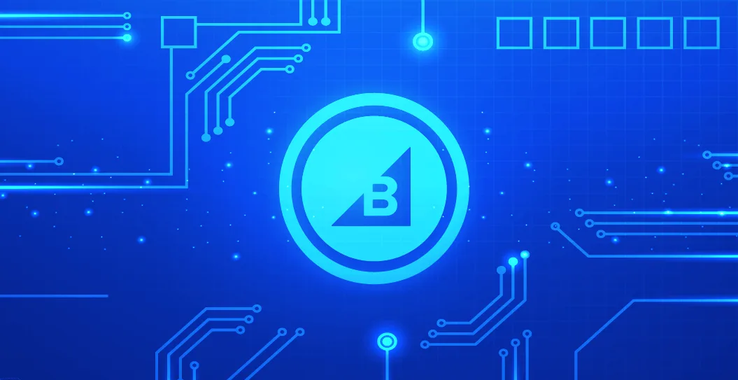 Blue digital circuit background with a glowing circular logo featuring a stylized "B" in the center.