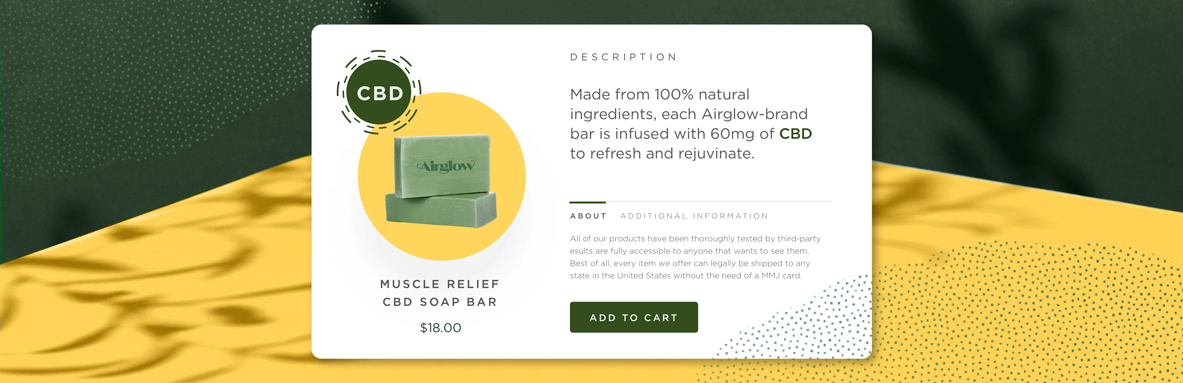 Green Airglow CBD soap bars on a white and yellow card, with product details and an "Add to Cart" button.