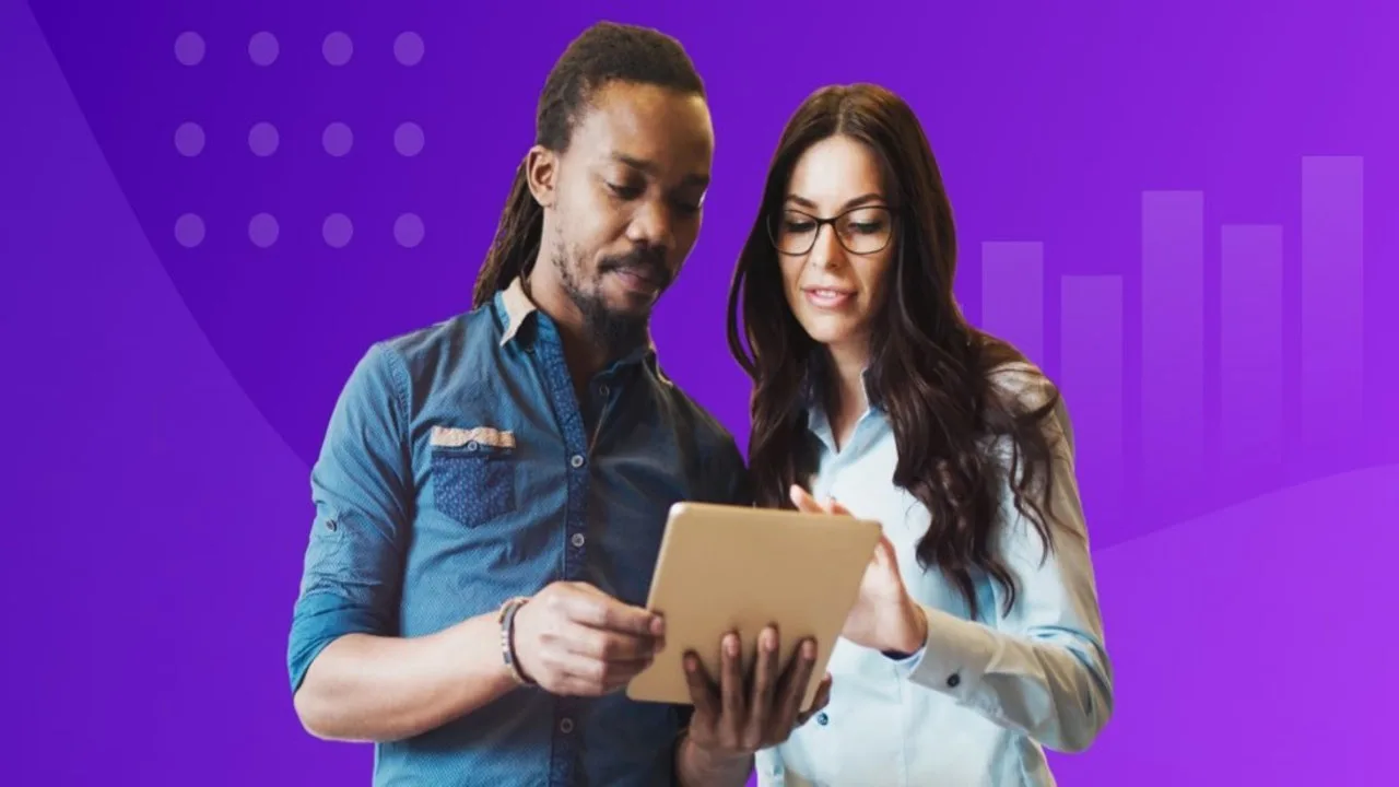 Two professionals reviewing retail data analytics on a digital tablet against a purple background.