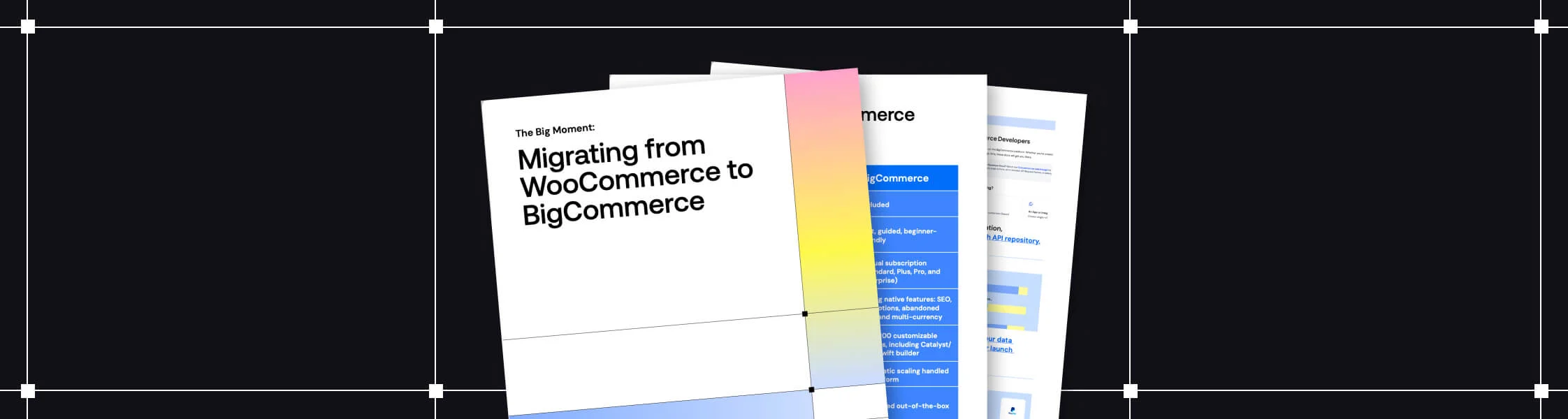 Overlapping pages showing a guide titled "Migrating from WooCommerce to BigCommerce" with a dark background.