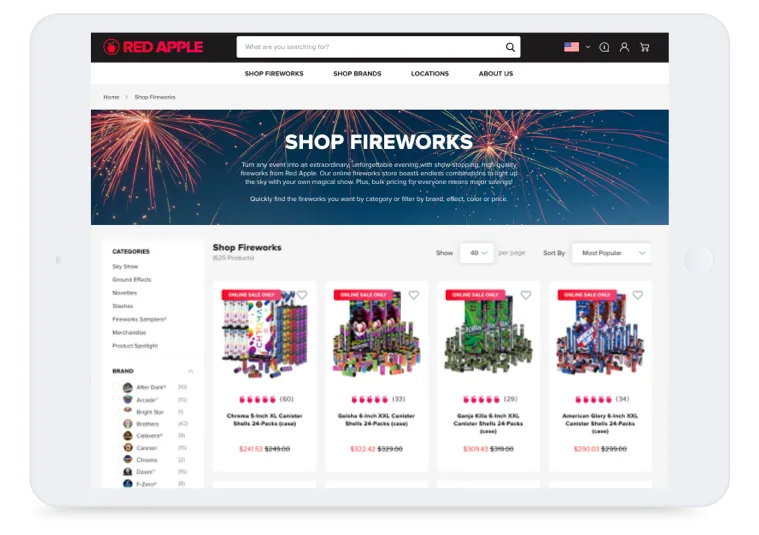 Storefront tablet homepage products fireworks red apple fireworks