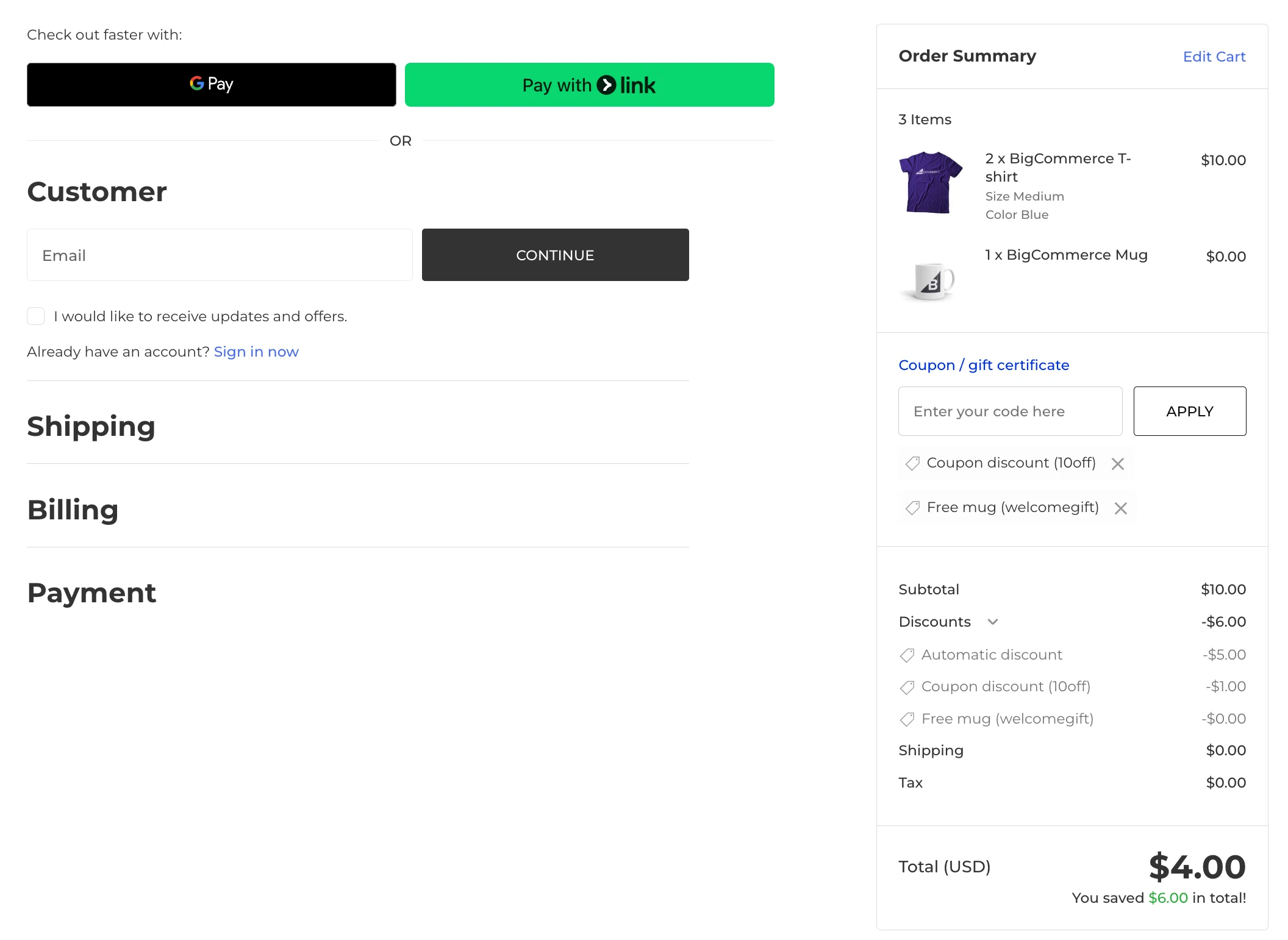 Checkout page showing multiple coupons applied, including a percentage discount and a free gift, with a detailed discount breakdown and updated order summary.