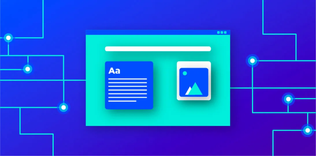 Abstract digital interface with text and image icons over a blue circuit board background.