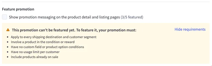 Feature promotion settings panel with checkbox and warning message listing requirements for featuring promotions.