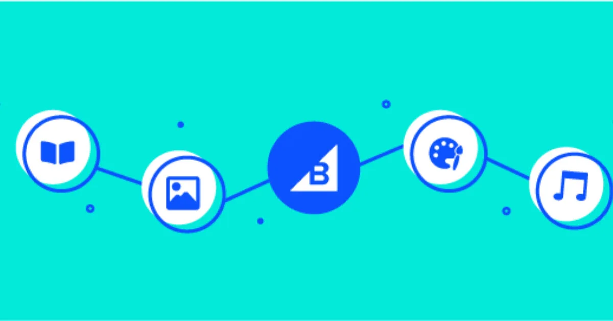 Connected circular icons showing book, image, BigCommerce logo, art palette, and music note symbols on turquoise background