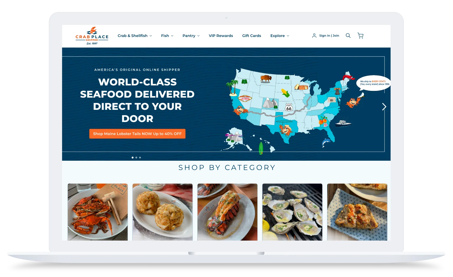 The Crab Place homepage displayed on a laptop, featuring world-class seafood delivery messaging and nationwide shipping map.
