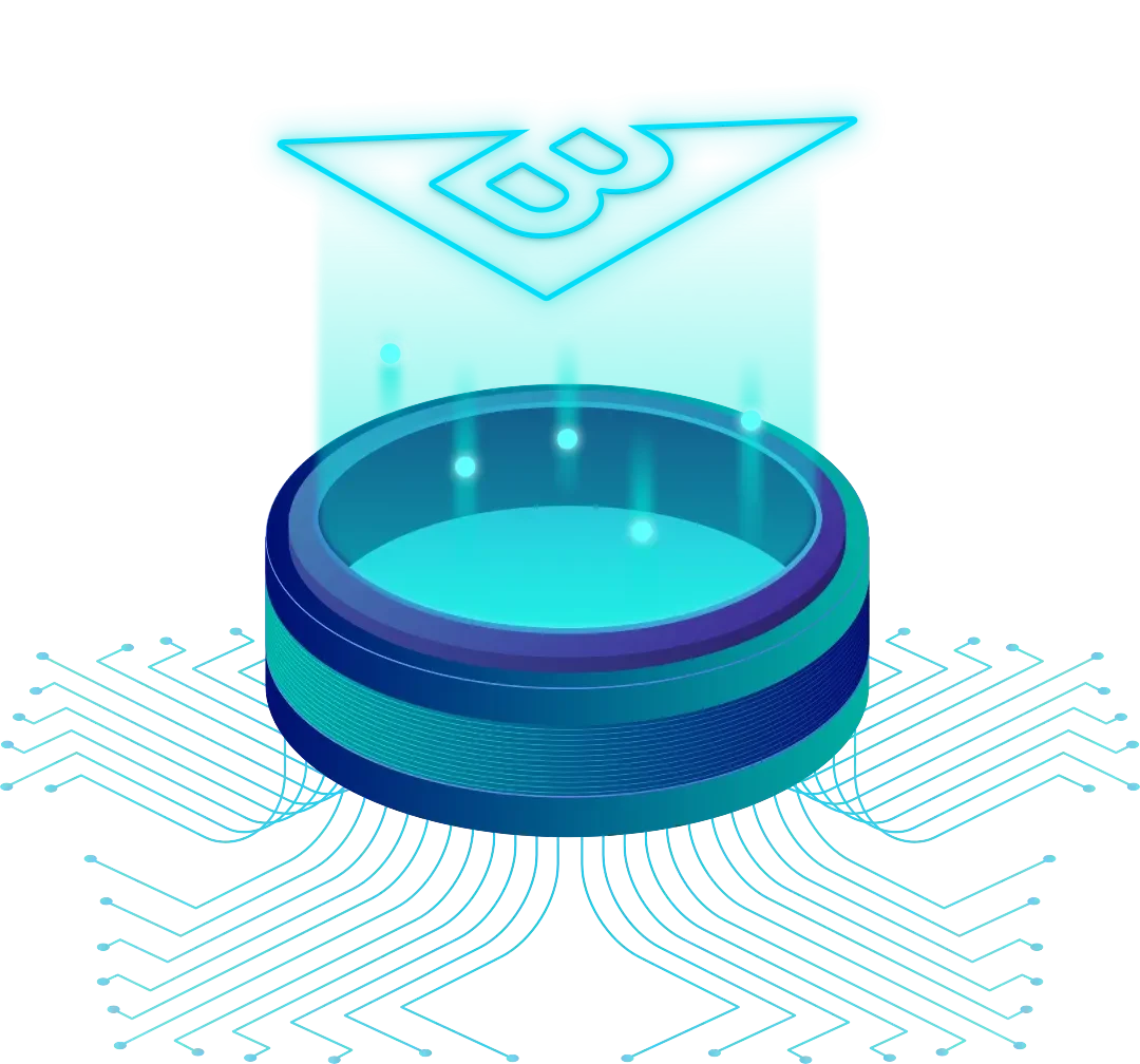 BigCommerce data connection illustration featuring a central server ring and blue digital circuitry for e-commerce syncing.