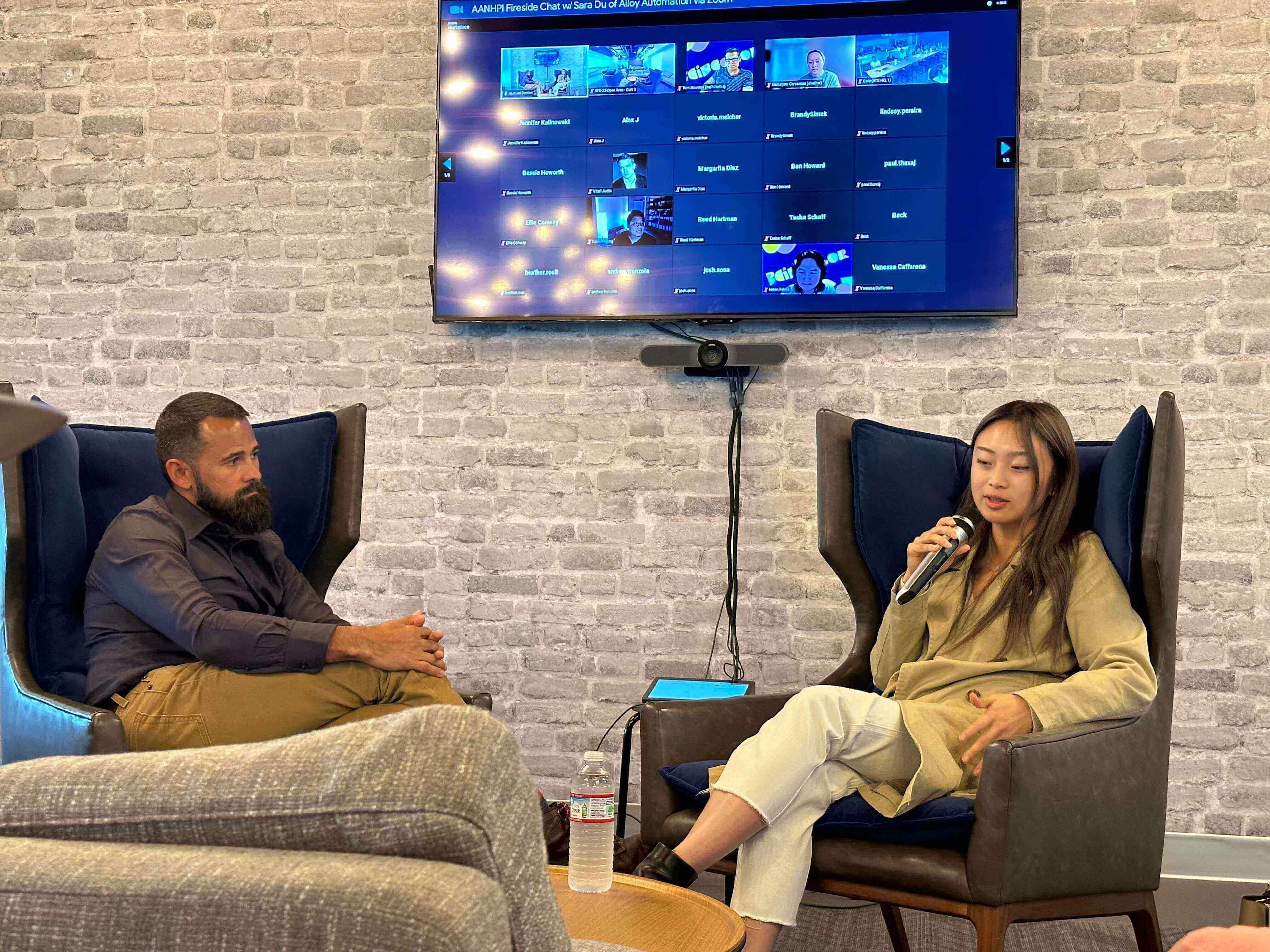 Michael Denton, Director of Partnership Experience at BigCommerce, interviews Sara Du, Co-Founder and CEO of Alloy Automation, at the BigCommerce office in San Francisco, California.